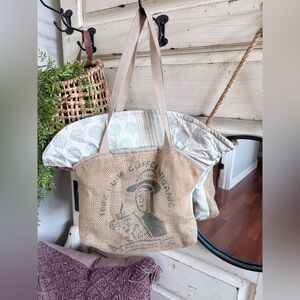 Beachy Burlap Tote Bag with Beige Straps